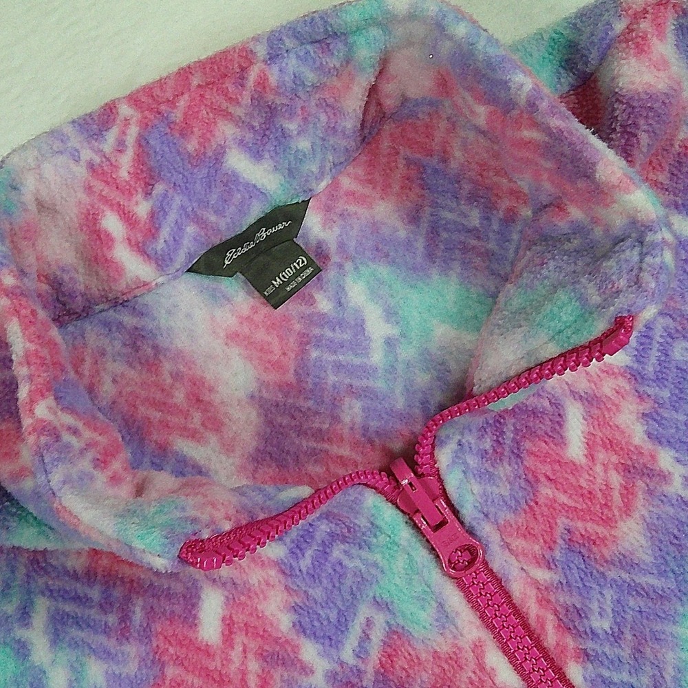 Eddie Bauer Kids M 10/12 Fleece Jacket Full Zip Pink Purple Teal Chevron Tie Dye